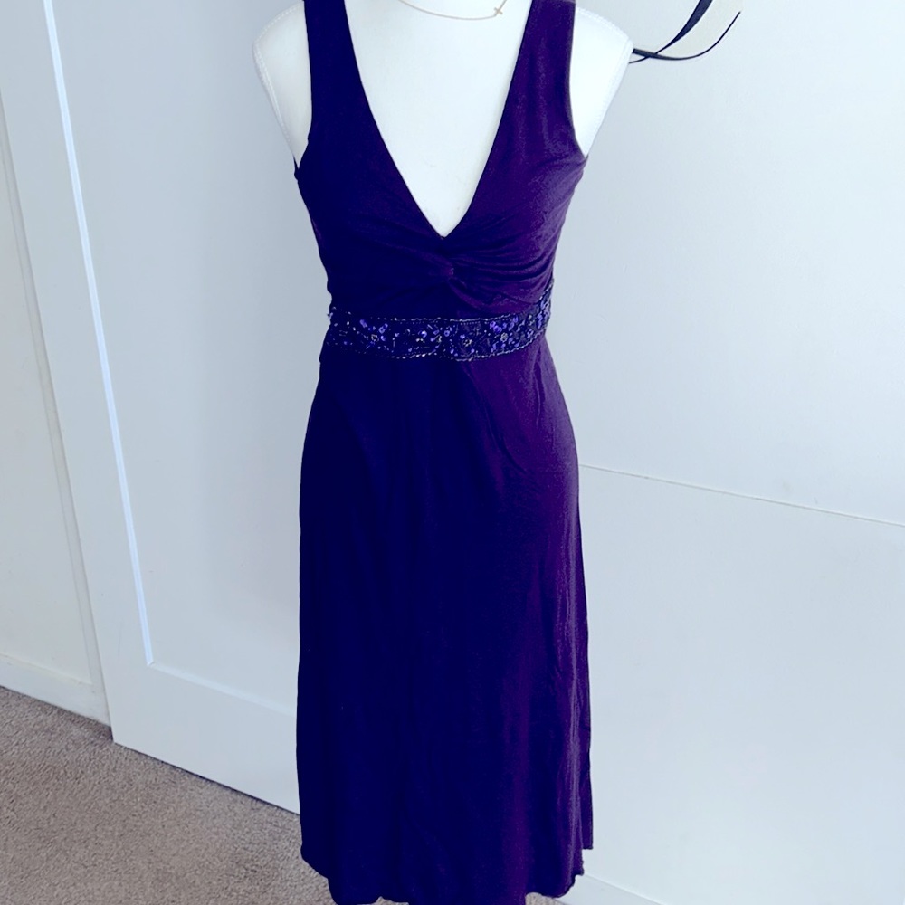 Purple midi length sexy semi-formal dress with shiny sequin waist detail